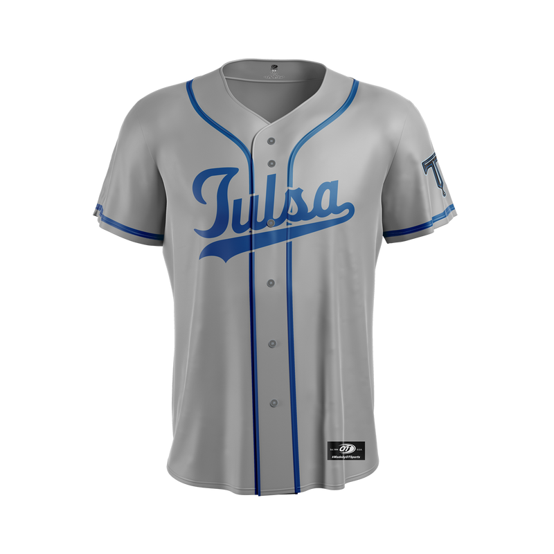 Gray baseball jersey with blue lettering and accents on a white background