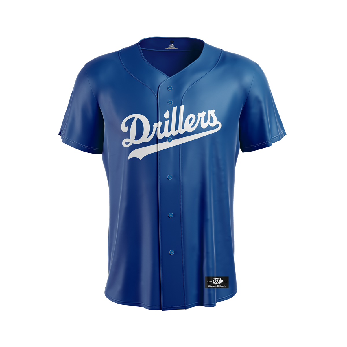 Blue baseball jersey with 'Drillers' text on a white background