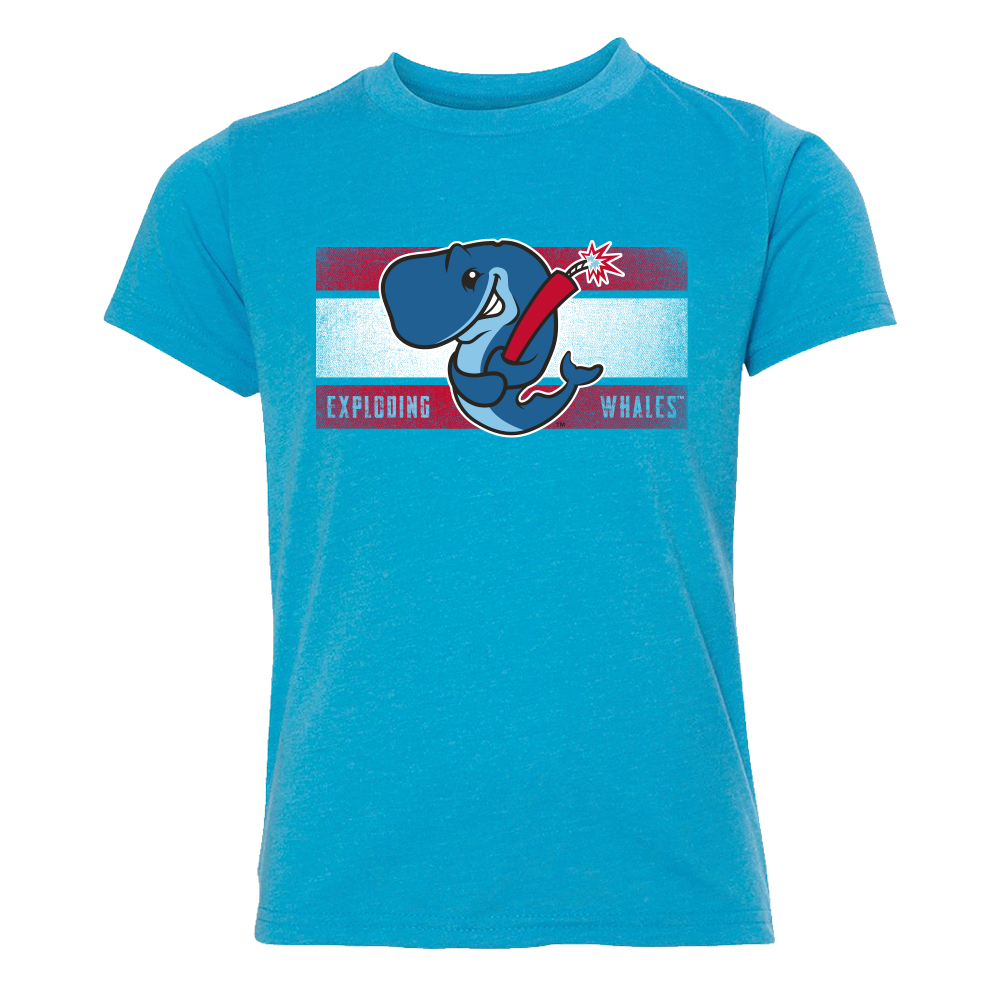 Blue, Youth t-shirt with a graphic of a whale and text on a white background