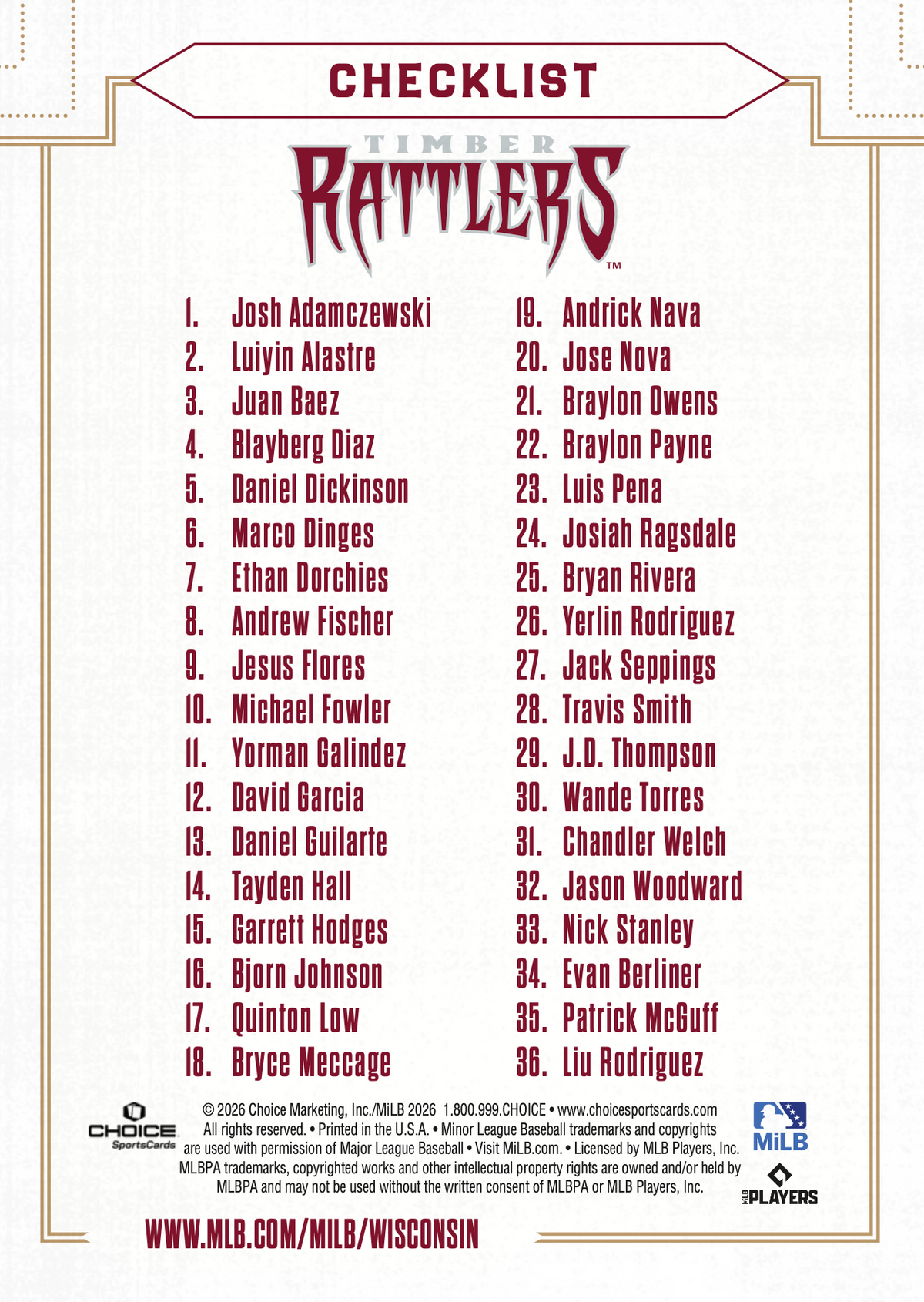 Wisconsin Timber Rattlers 2026 Team Card Set