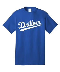 Blue t-shirt with 'Drillers' text on a white background