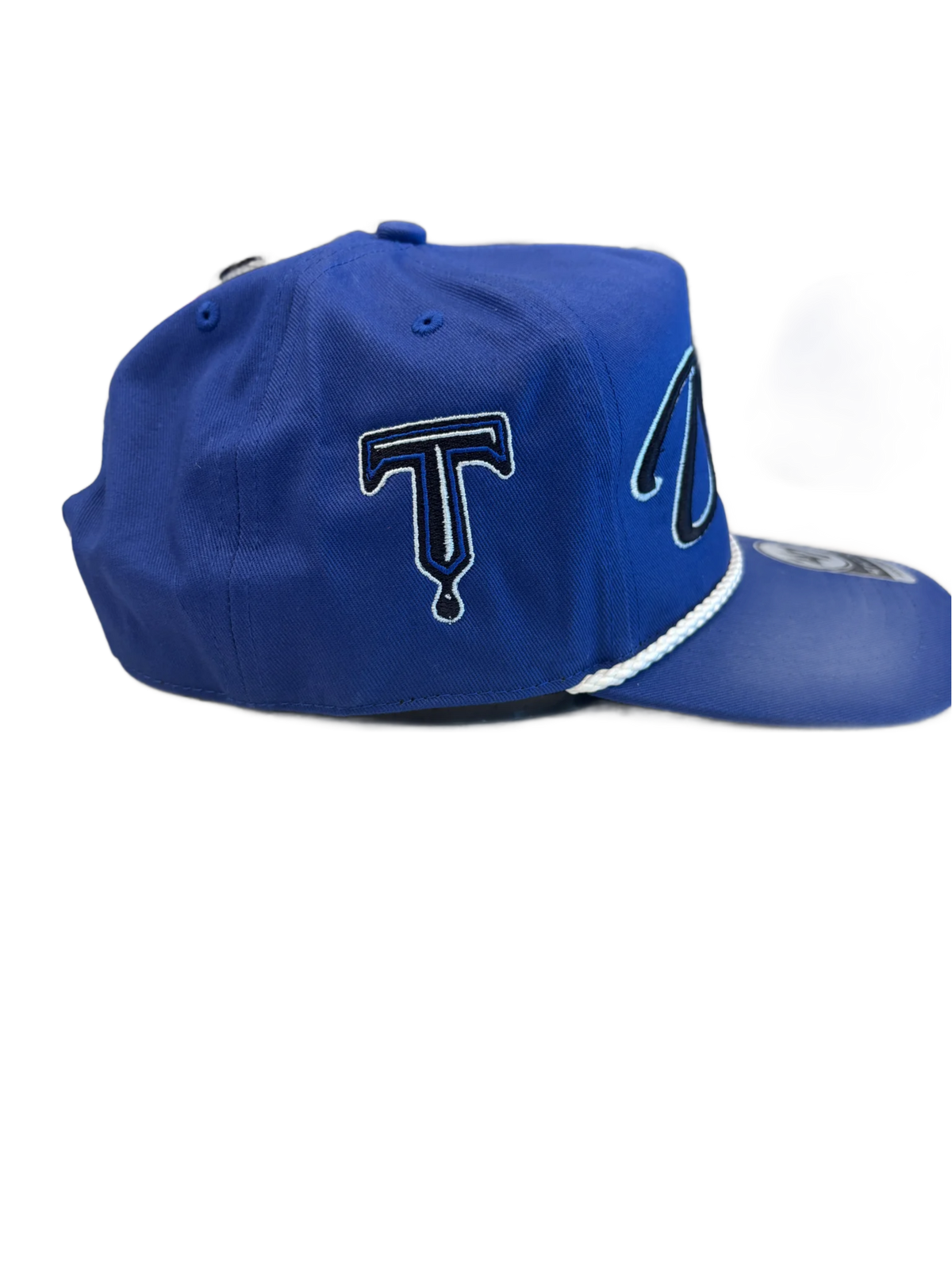 Blue baseball cap with a logo on a white background