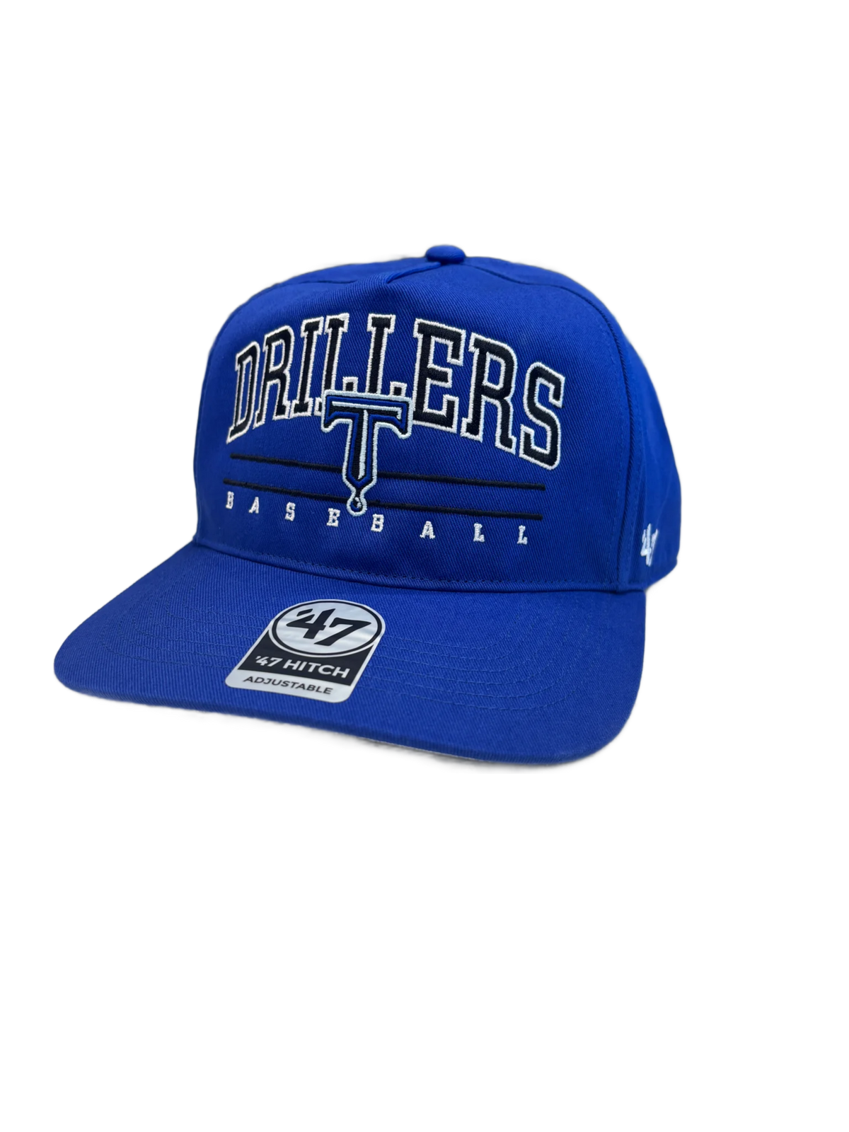 Blue baseball cap with 'Drillers' and '47' brand logo on a white background