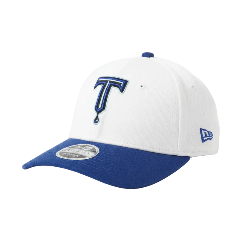 White and blue baseball cap with logo on a wooden surface